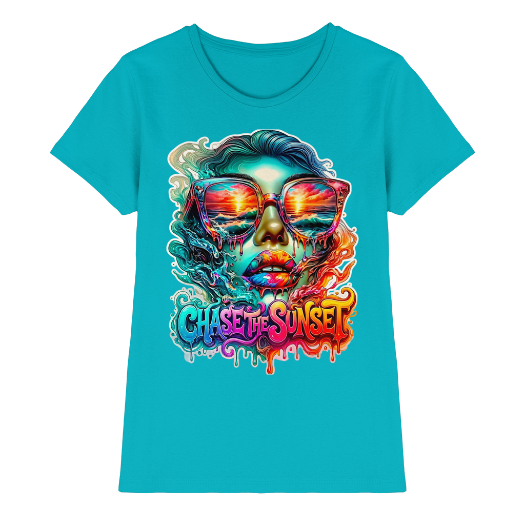 Chase The Sunset Psychedelisches Damen-T-Shirt | Lebendiges schmelzendes Ozean-Sonnenuntergangs-Grafik-T-Shirt | 10 Farben XS-3XL - Premium Damen-Shirt