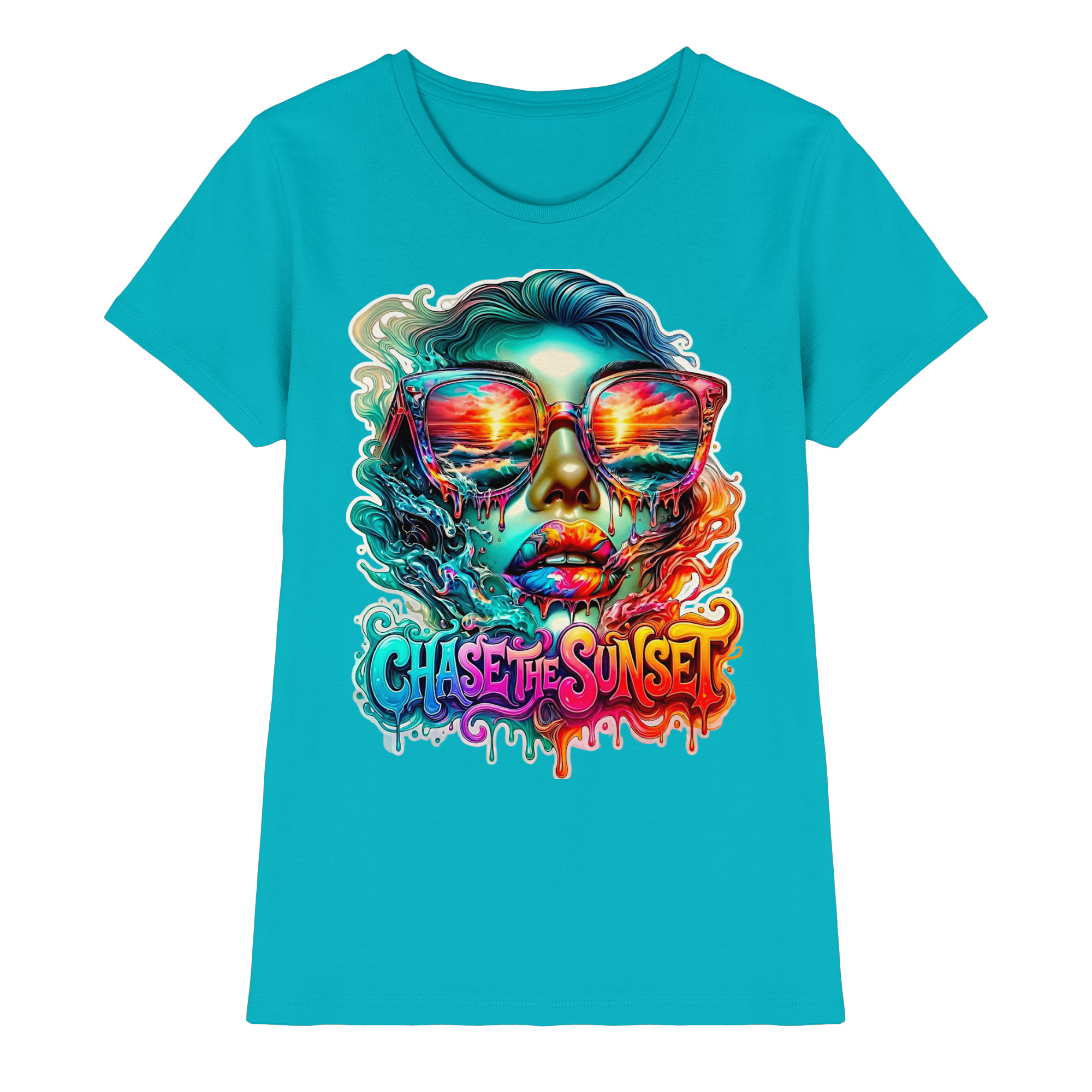 Chase The Sunset Psychedelisches Damen-T-Shirt | Lebendiges schmelzendes Ozean-Sonnenuntergangs-Grafik-T-Shirt | 10 Farben XS-3XL - Premium Damen-Shirt
