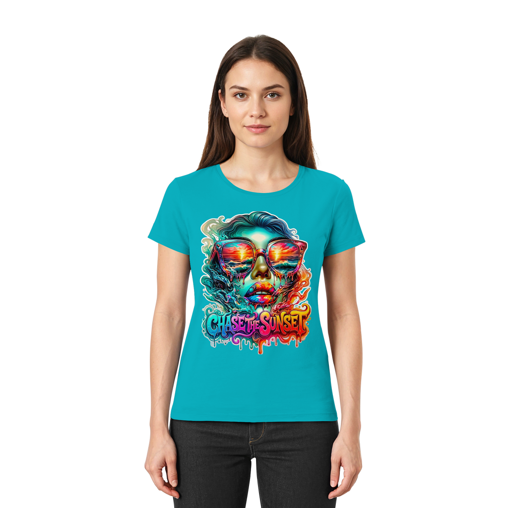 Chase The Sunset Psychedelisches Damen-T-Shirt | Lebendiges schmelzendes Ozean-Sonnenuntergangs-Grafik-T-Shirt | 10 Farben XS-3XL - Premium Damen-Shirt
