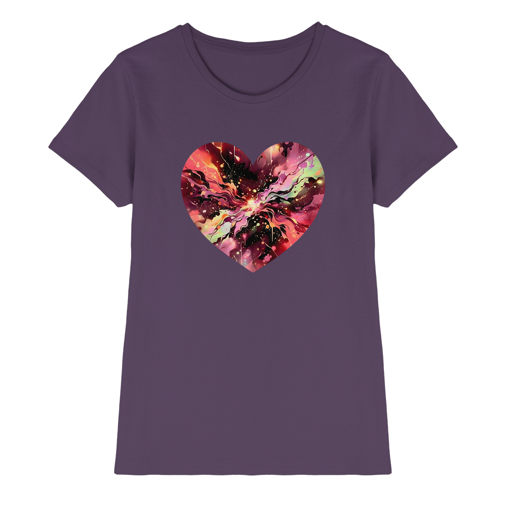 Damen T-Shirt „Cosmic Love Heart“ – Galaxie-Nebel-Druck Herzdesign | Hochwertiger Jersey aus 100 % Baumwolle, 15 Farben, XS–3XL – Premium-Shirt für Damen