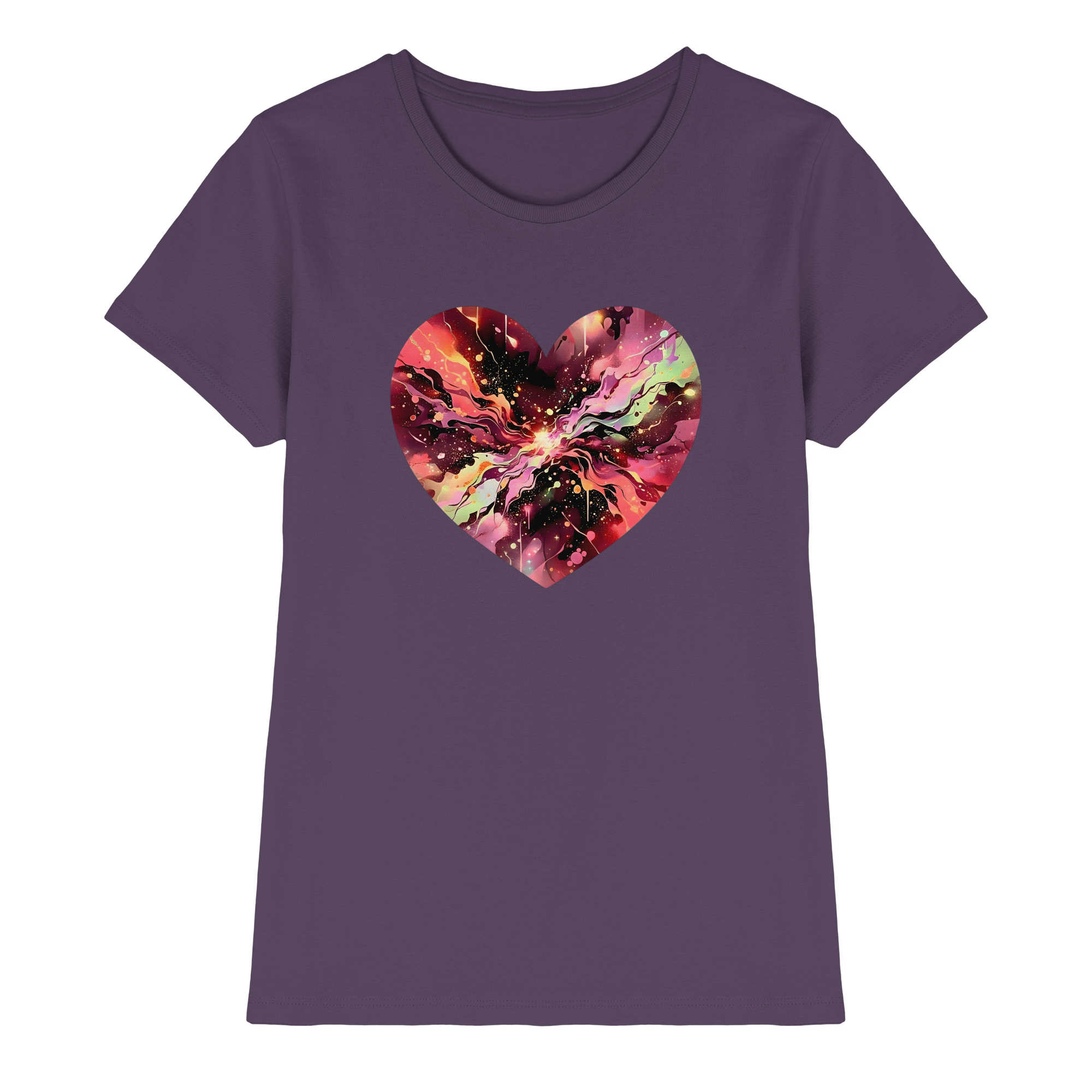 Damen T-Shirt „Cosmic Love Heart“ – Galaxie-Nebel-Druck Herzdesign | Hochwertiger Jersey aus 100 % Baumwolle, 15 Farben, XS–3XL – Premium-Shirt für Damen