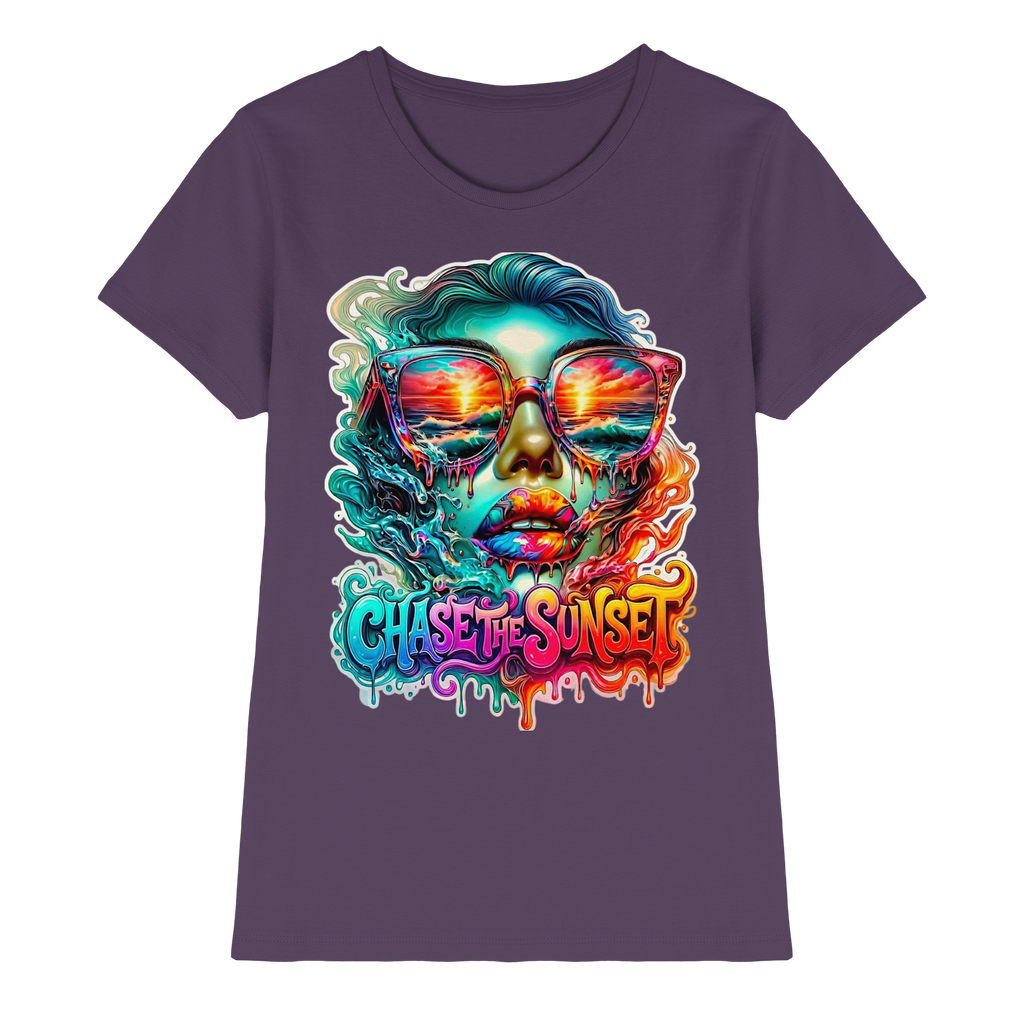 Chase The Sunset Psychedelisches Damen-T-Shirt | Lebendiges schmelzendes Ozean-Sonnenuntergangs-Grafik-T-Shirt | 10 Farben XS-3XL - Premium Damen-Shirt