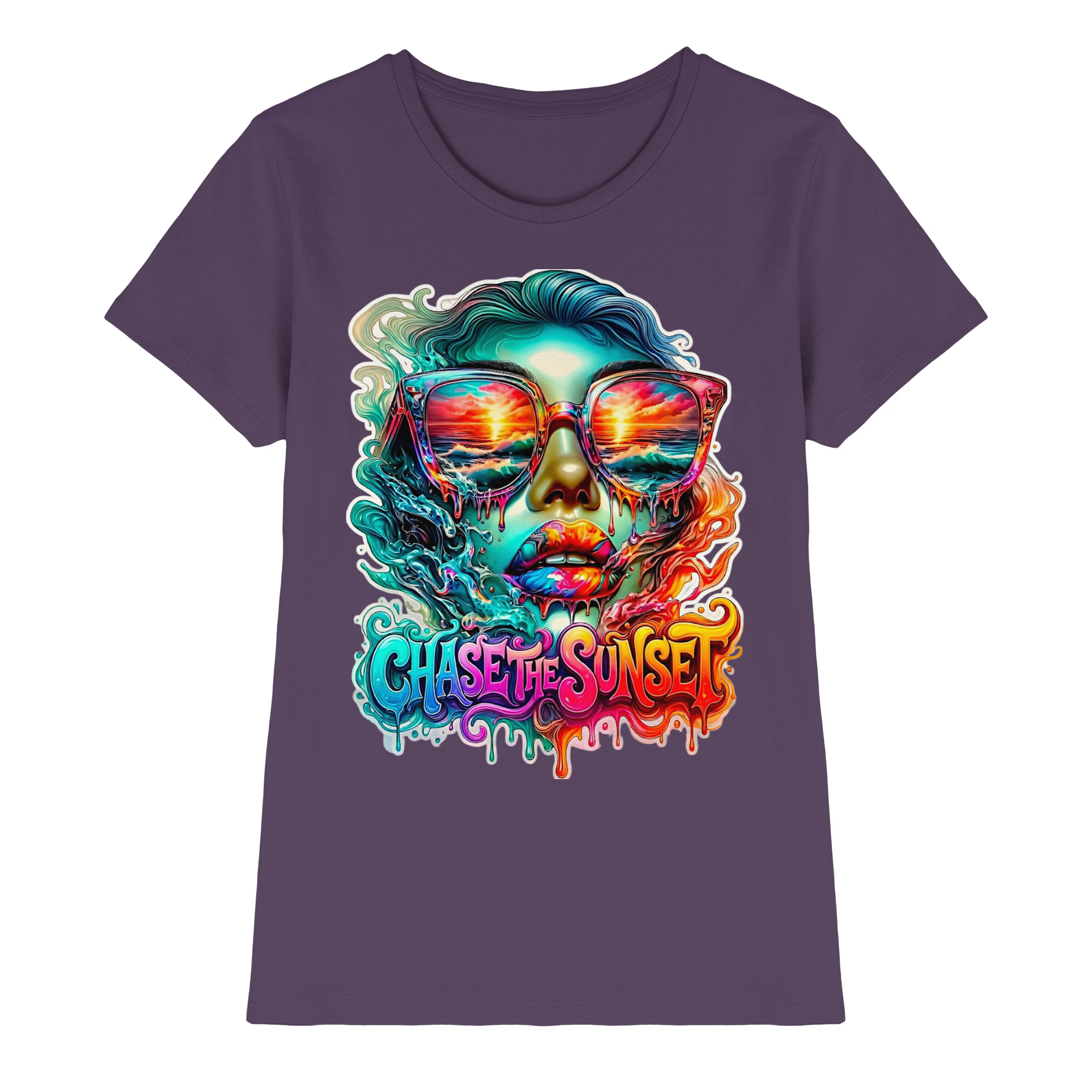 T-shirt psychédélique pour femme "Chase The Sunset" | T-shirt graphique vibrant coucher de soleil et océan | 10 couleurs du XS au 3XL - T-shirt premium pour femme