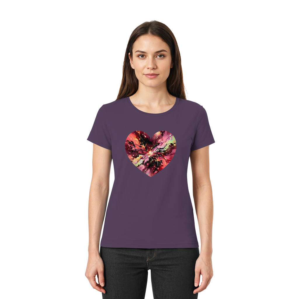 Damen T-Shirt „Cosmic Love Heart“ – Galaxie-Nebel-Druck Herzdesign | Hochwertiger Jersey aus 100 % Baumwolle, 15 Farben, XS–3XL – Premium-Shirt für Damen
