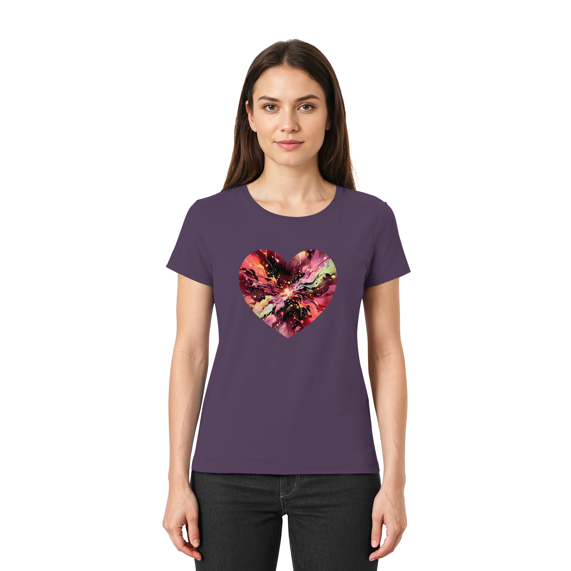 Damen T-Shirt „Cosmic Love Heart“ – Galaxie-Nebel-Druck Herzdesign | Hochwertiger Jersey aus 100 % Baumwolle, 15 Farben, XS–3XL – Premium-Shirt für Damen
