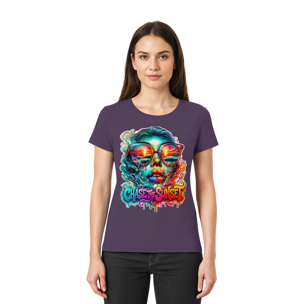 Chase The Sunset Psychedelisches Damen-T-Shirt | Lebendiges schmelzendes Ozean-Sonnenuntergangs-Grafik-T-Shirt | 10 Farben XS-3XL - Premium Damen-Shirt