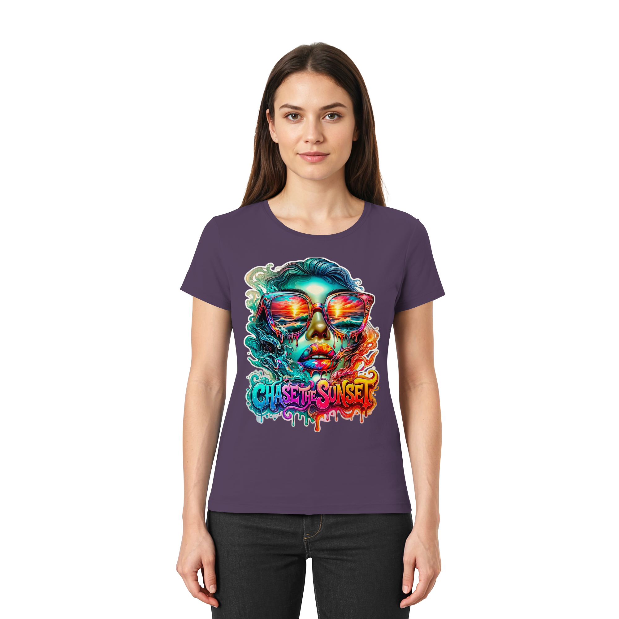 T-shirt psychédélique pour femme "Chase The Sunset" | T-shirt graphique vibrant coucher de soleil et océan | 10 couleurs du XS au 3XL - T-shirt premium pour femme