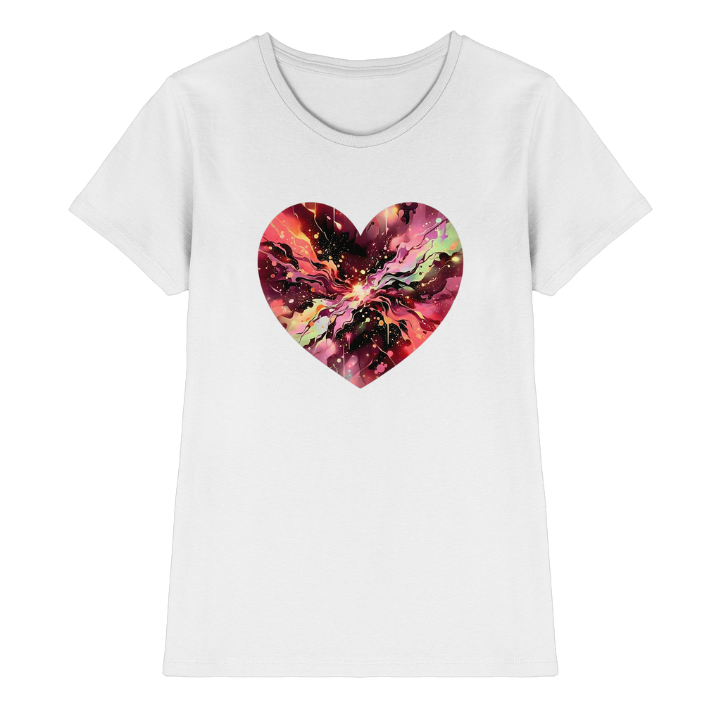 Damen T-Shirt „Cosmic Love Heart“ – Galaxie-Nebel-Druck Herzdesign | Hochwertiger Jersey aus 100 % Baumwolle, 15 Farben, XS–3XL – Premium-Shirt für Damen