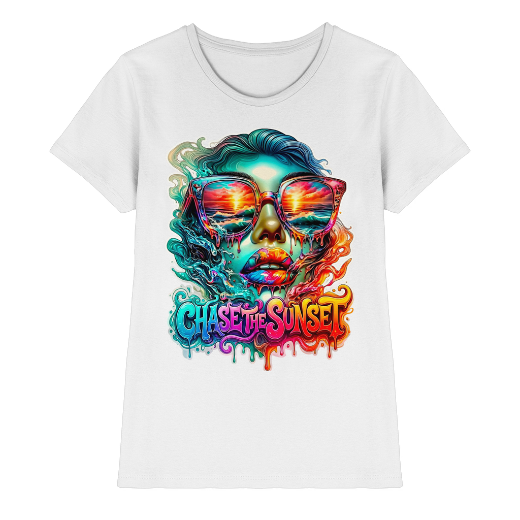 Chase The Sunset Psychedelisches Damen-T-Shirt | Lebendiges schmelzendes Ozean-Sonnenuntergangs-Grafik-T-Shirt | 10 Farben XS-3XL - Premium Damen-Shirt