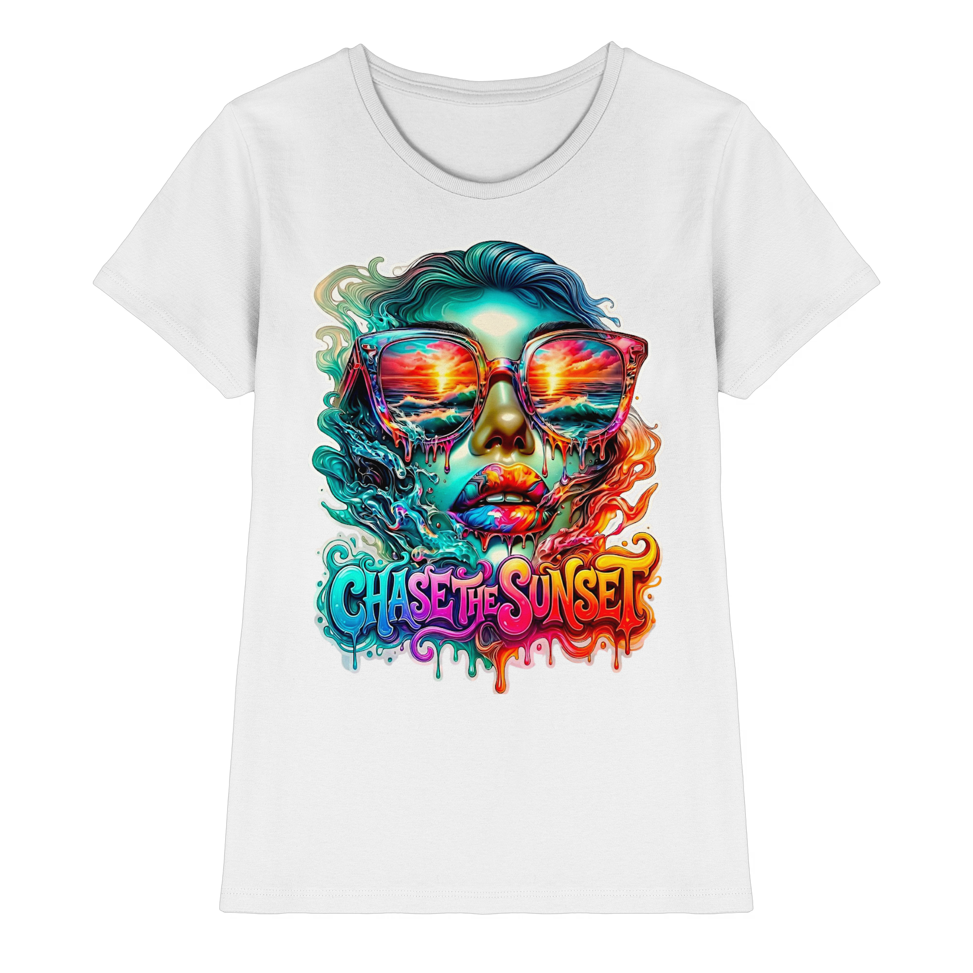 T-shirt psychédélique pour femme "Chase The Sunset" | T-shirt graphique vibrant coucher de soleil et océan | 10 couleurs du XS au 3XL - T-shirt premium pour femme