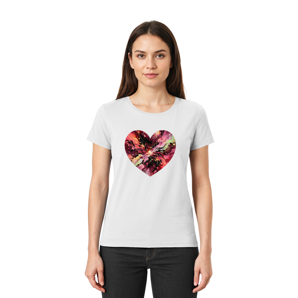 Damen T-Shirt „Cosmic Love Heart“ – Galaxie-Nebel-Druck Herzdesign | Hochwertiger Jersey aus 100 % Baumwolle, 15 Farben, XS–3XL – Premium-Shirt für Damen