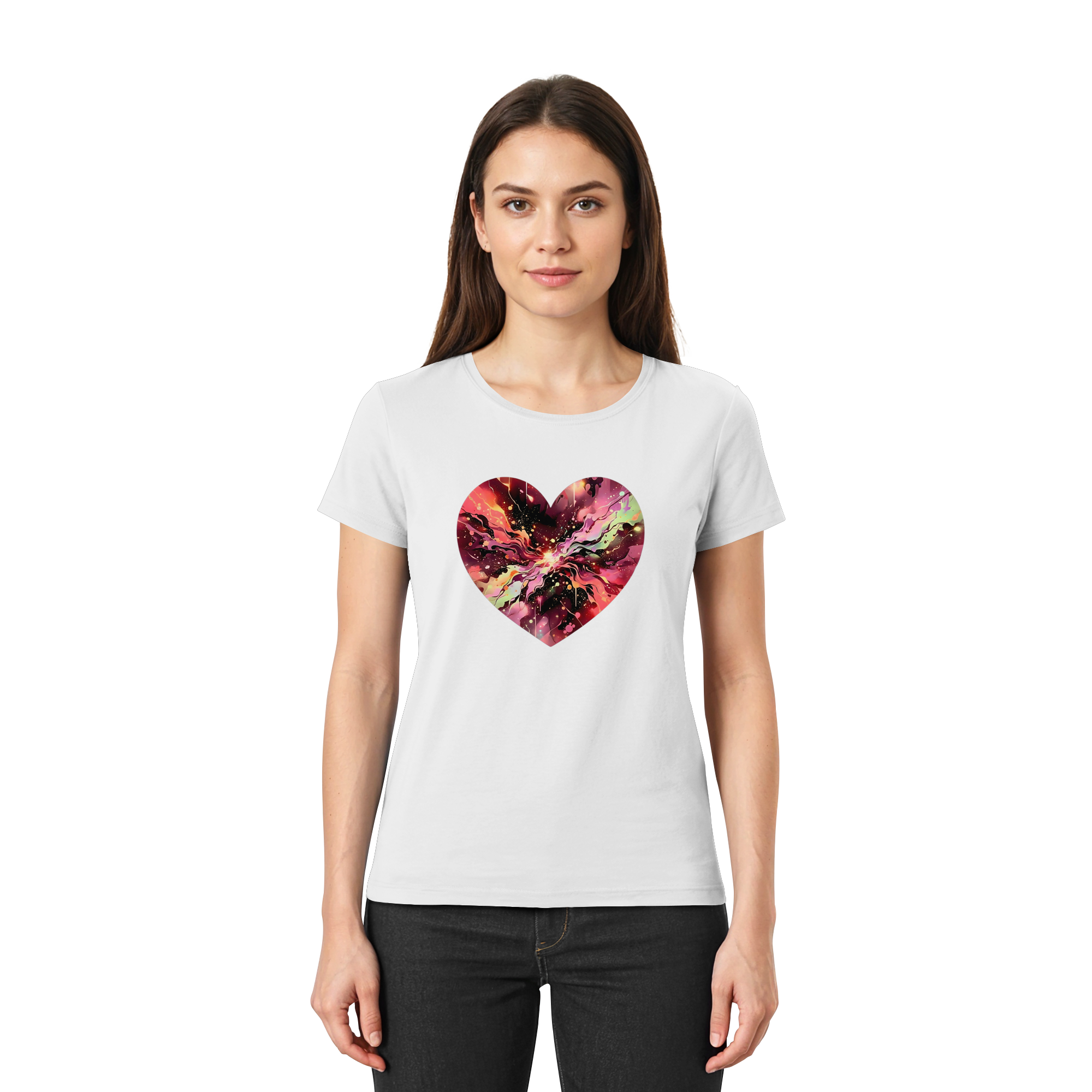 Damen T-Shirt „Cosmic Love Heart“ – Galaxie-Nebel-Druck Herzdesign | Hochwertiger Jersey aus 100 % Baumwolle, 15 Farben, XS–3XL – Premium-Shirt für Damen
