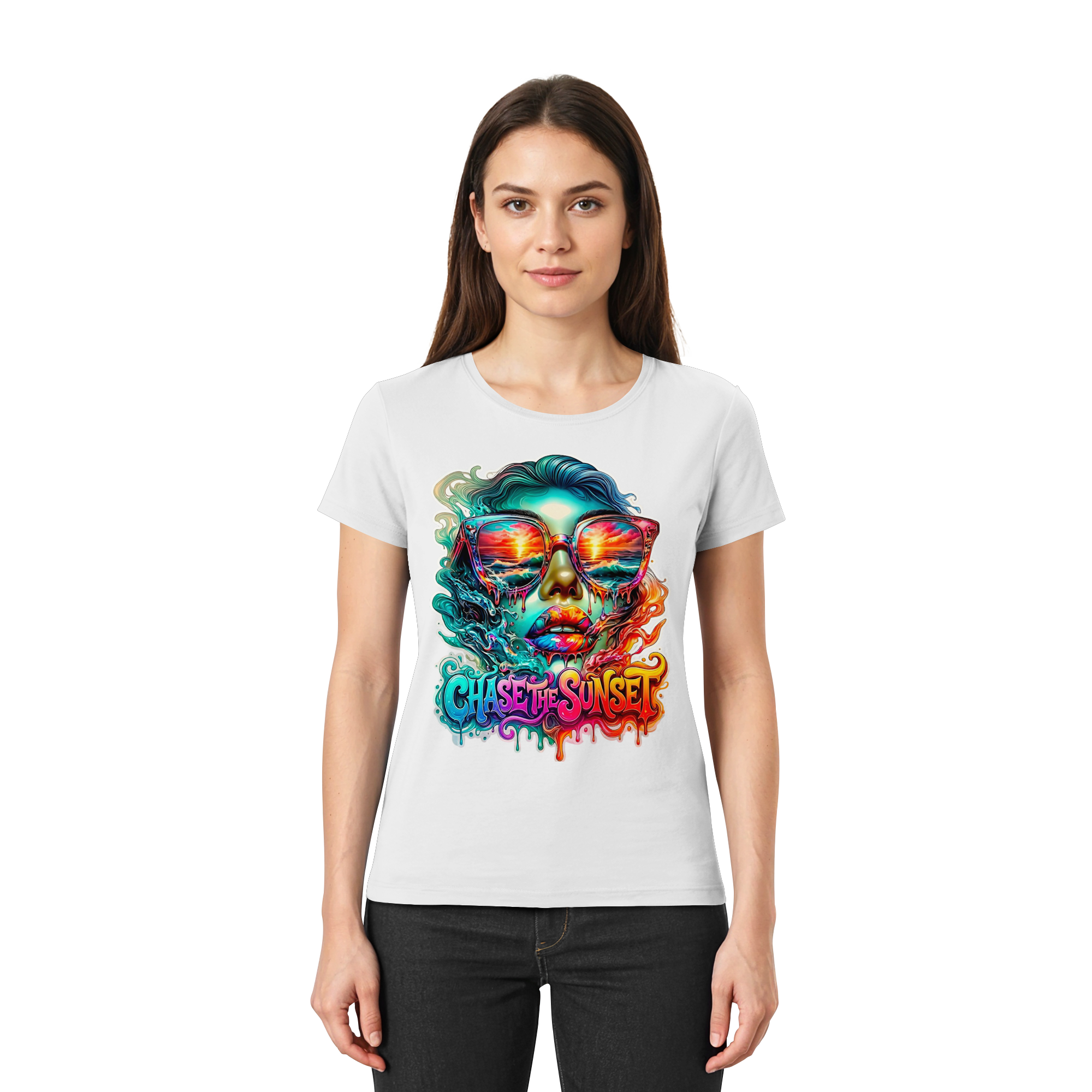 T-shirt psychédélique pour femme "Chase The Sunset" | T-shirt graphique vibrant coucher de soleil et océan | 10 couleurs du XS au 3XL - T-shirt premium pour femme