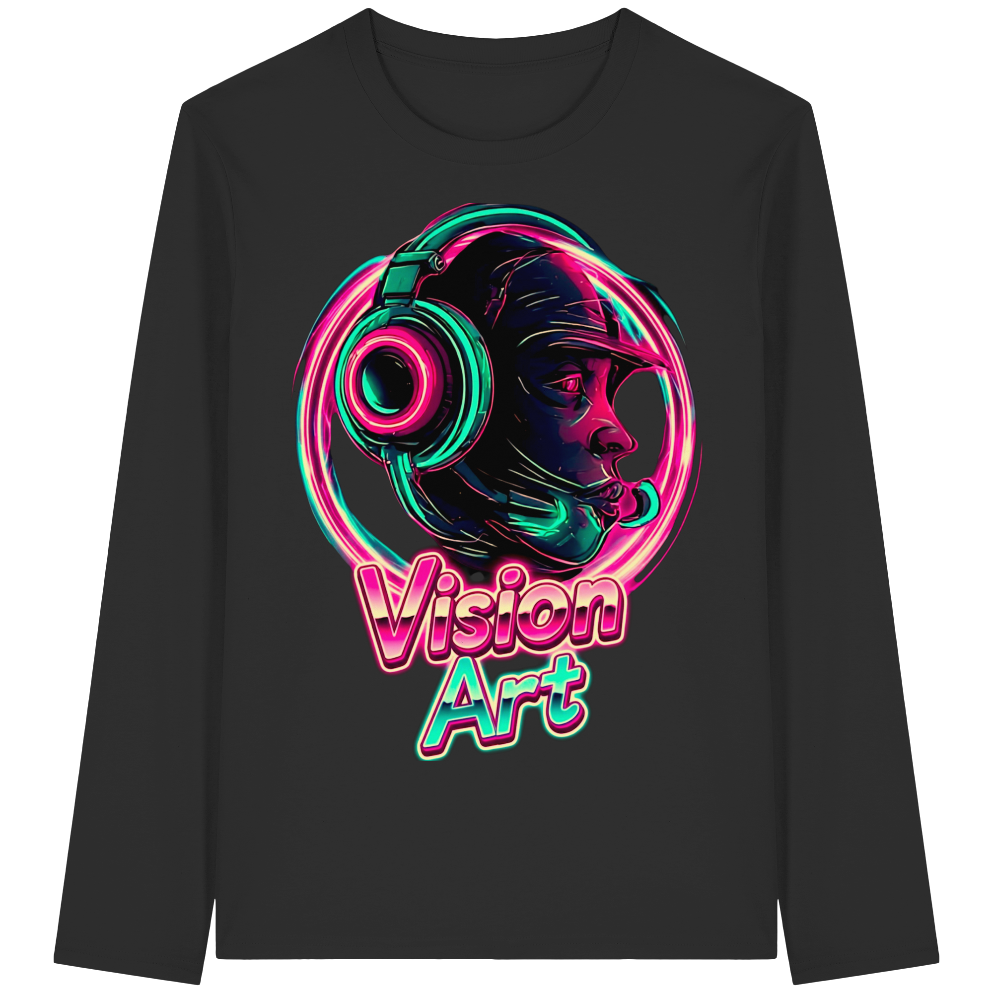 Vision Art Neon Cyberpunk Kopfhörer Sweatshirt – Leuchtendes Pink & Cyan Streetwear | 5 Farben XS-5XL - Bio Langarm-T-Shirt