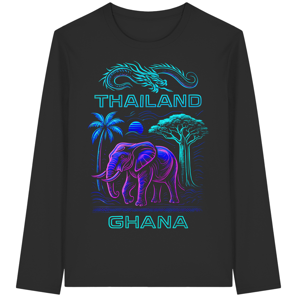 Synthwave Fusion Elefant Drache Sweatshirt - Thailand Ghana Retro Grafik 3 Farben S-5XL - Bio Langarm-T-Shirt