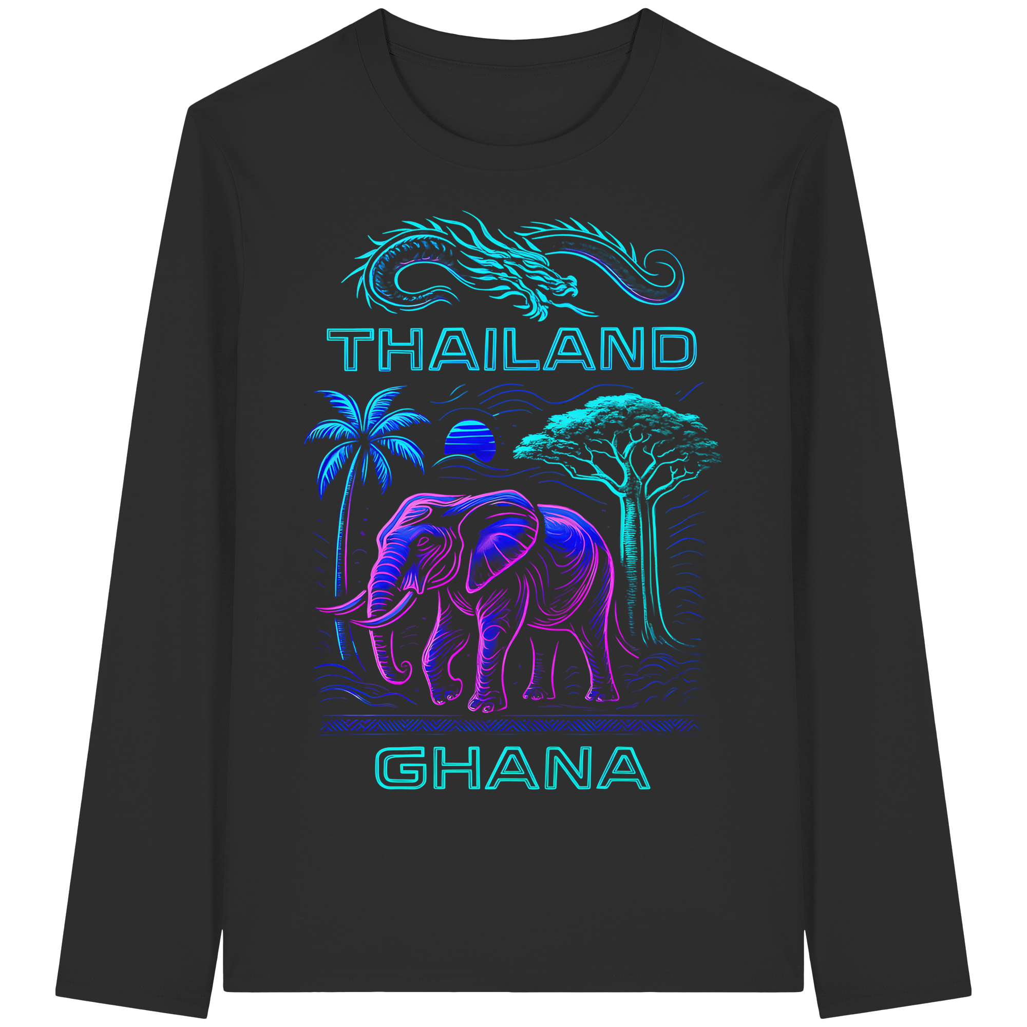 Synthwave Fusion Elefant Drache Sweatshirt - Thailand Ghana Retro Grafik 3 Farben S-5XL - Bio Langarm-T-Shirt