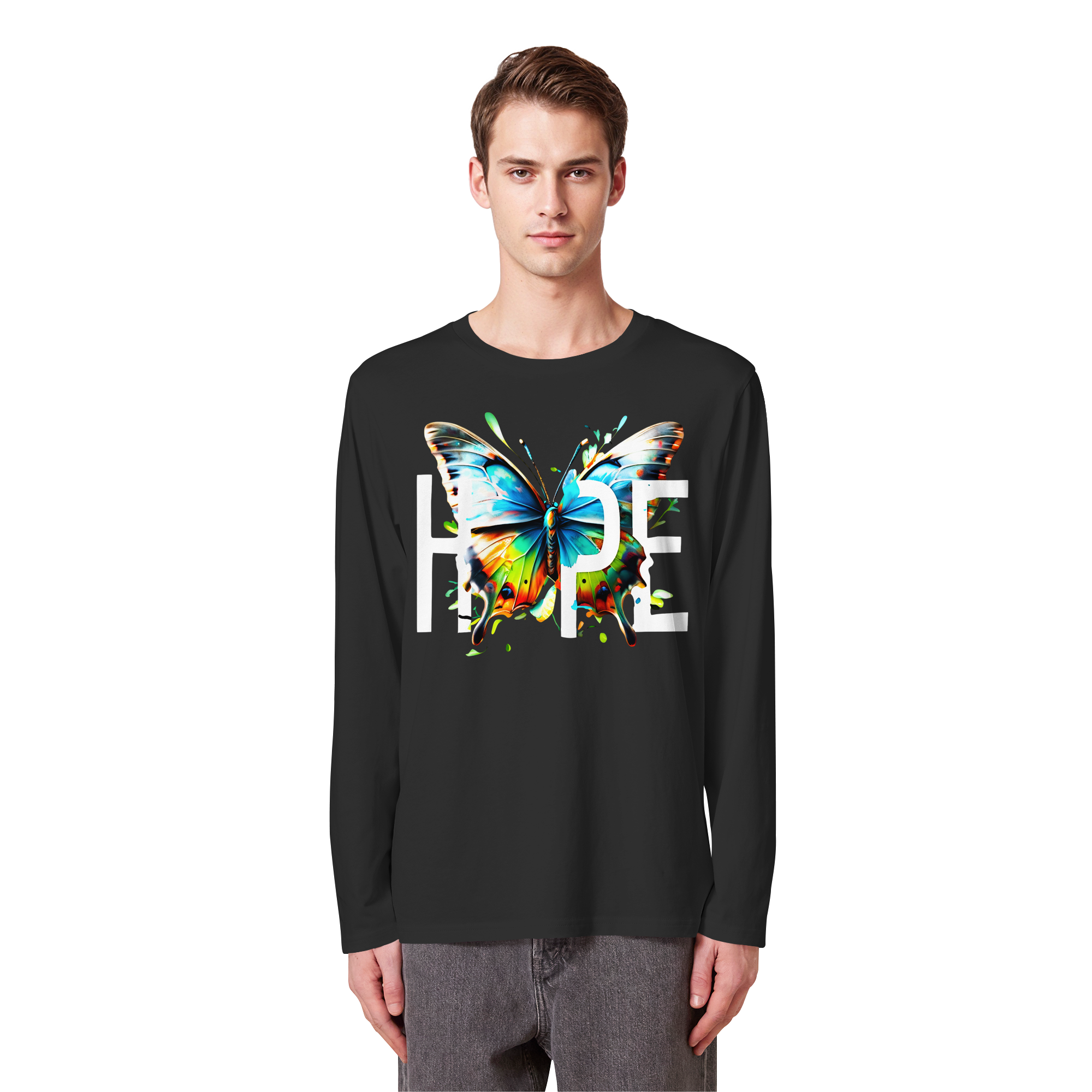 HOPE Sweat-shirt papillon Imprimé graphique vibrant coloré et motivant 5 couleurs S-5XL - T-shirt à manches longues en coton biologique