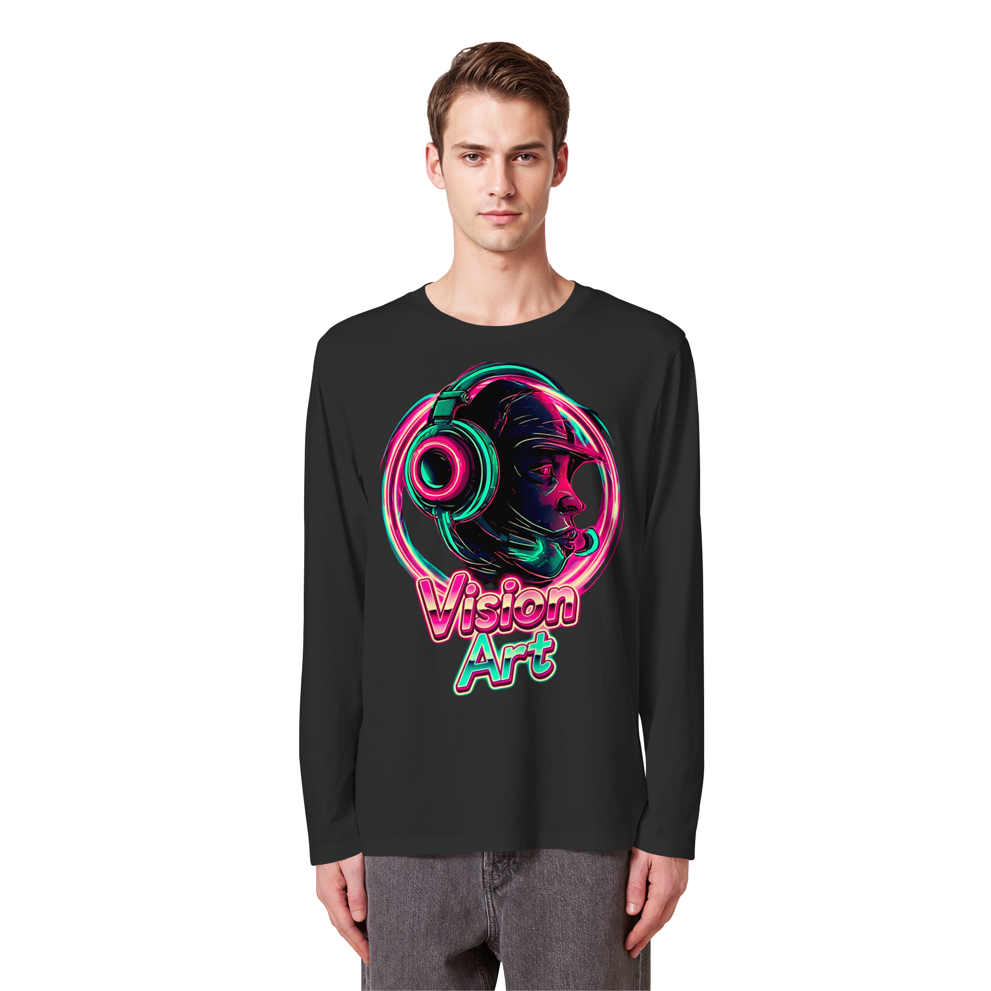 Vision Art Neon Cyberpunk Kopfhörer Sweatshirt – Leuchtendes Pink & Cyan Streetwear | 5 Farben XS-5XL - Bio Langarm-T-Shirt