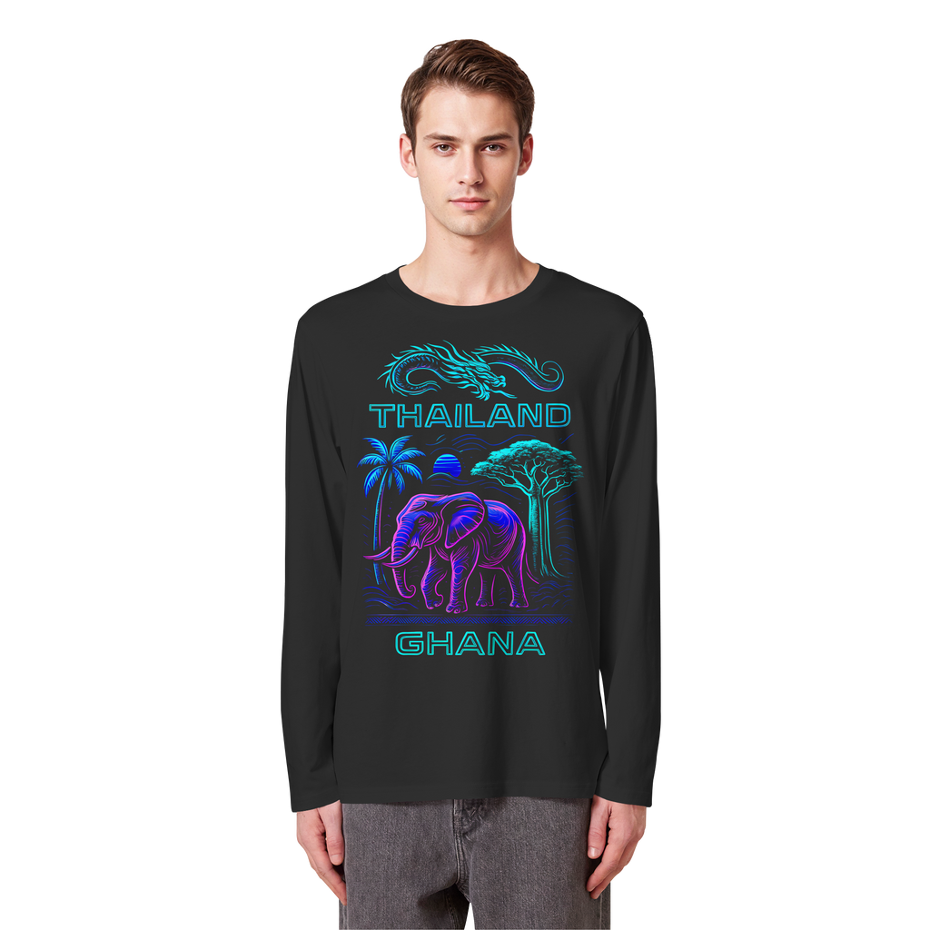 Synthwave Fusion Elefant Drache Sweatshirt - Thailand Ghana Retro Grafik 3 Farben S-5XL - Bio Langarm-T-Shirt