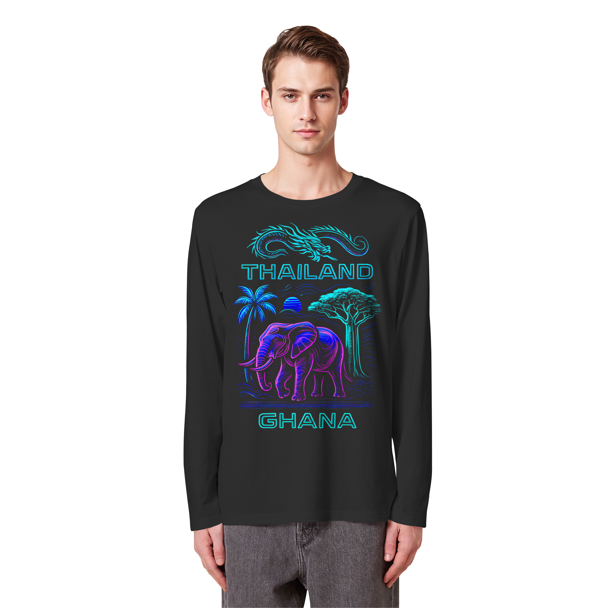 Synthwave Fusion Elefant Drache Sweatshirt - Thailand Ghana Retro Grafik 3 Farben S-5XL - Bio Langarm-T-Shirt