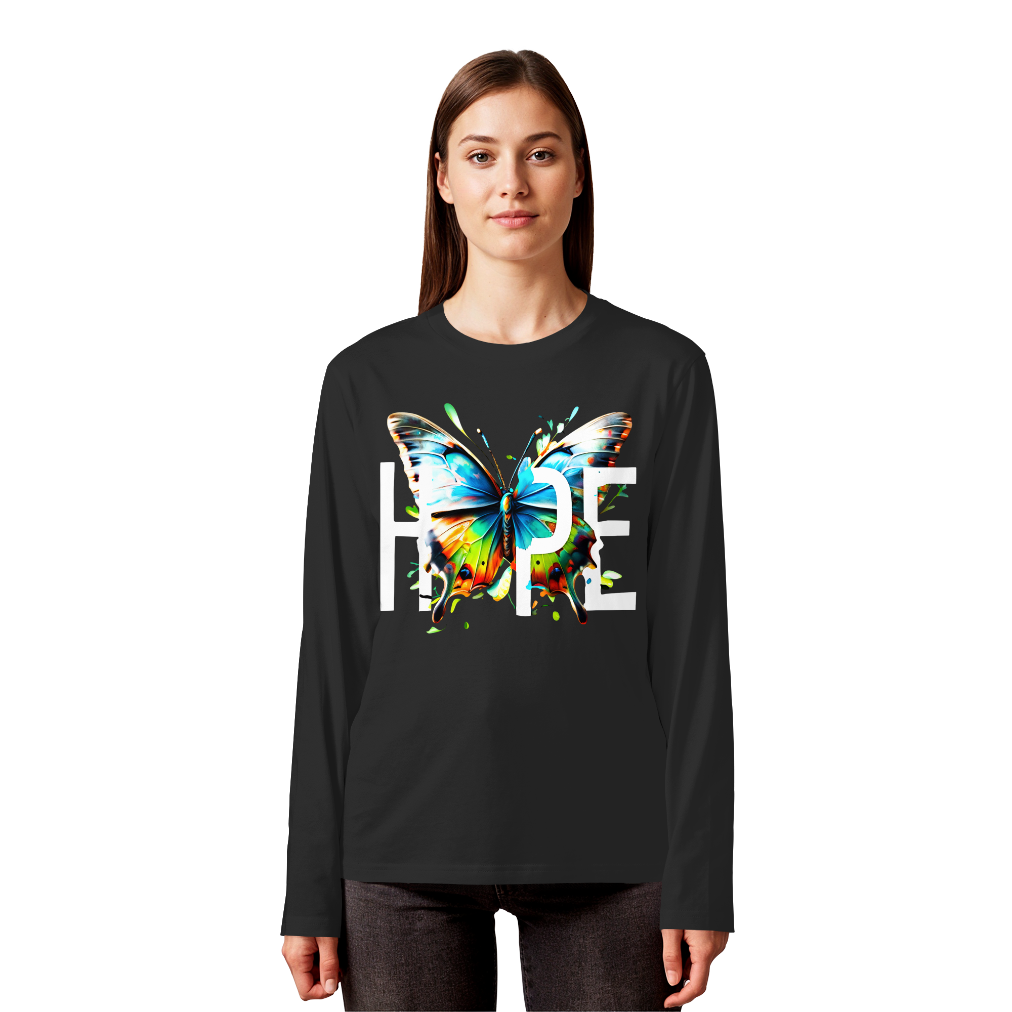 HOPE Sweat-shirt papillon Imprimé graphique vibrant coloré et motivant 5 couleurs S-5XL - T-shirt à manches longues en coton biologique