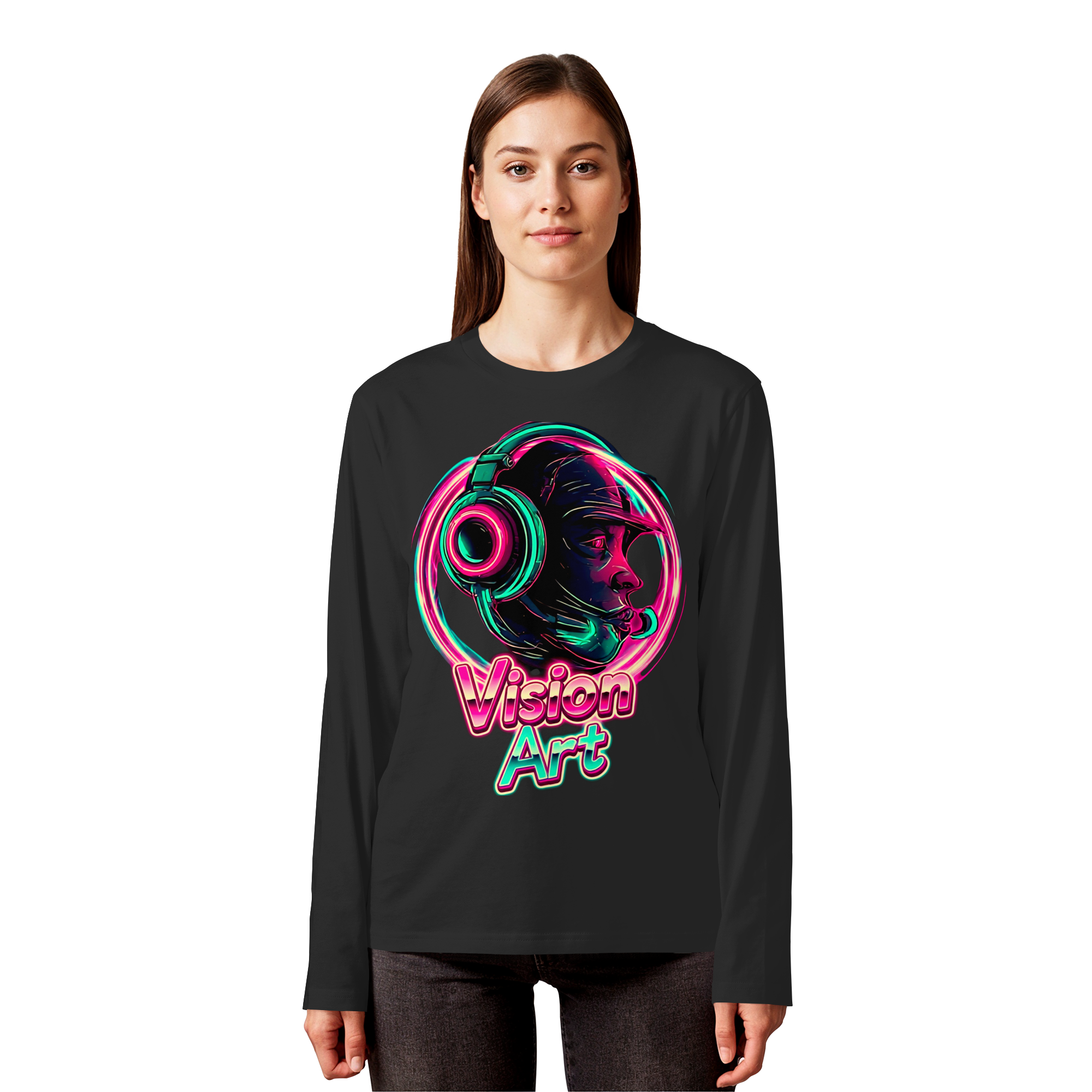 Vision Art Neon Cyberpunk Kopfhörer Sweatshirt – Leuchtendes Pink & Cyan Streetwear | 5 Farben XS-5XL - Bio Langarm-T-Shirt
