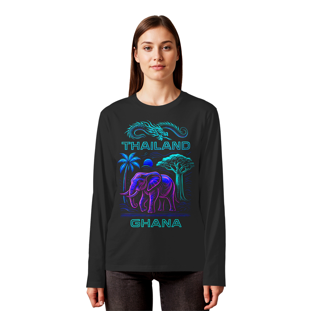 Synthwave Fusion Elefant Drache Sweatshirt - Thailand Ghana Retro Grafik 3 Farben S-5XL - Bio Langarm-T-Shirt