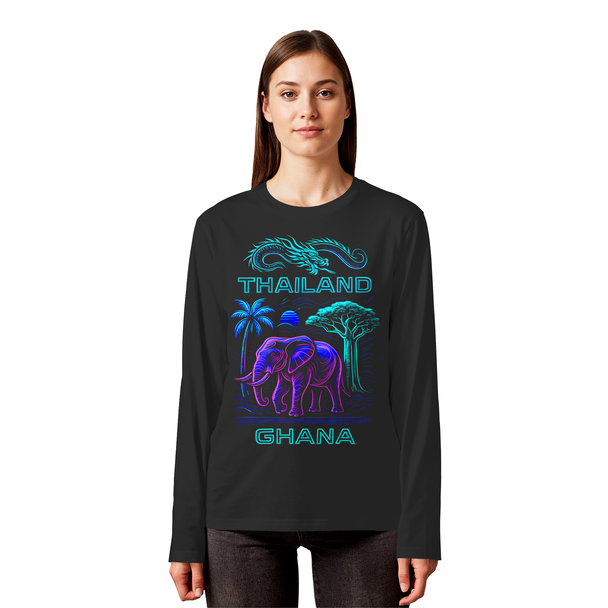 Synthwave Fusion Elefant Drache Sweatshirt - Thailand Ghana Retro Grafik 3 Farben S-5XL - Bio Langarm-T-Shirt