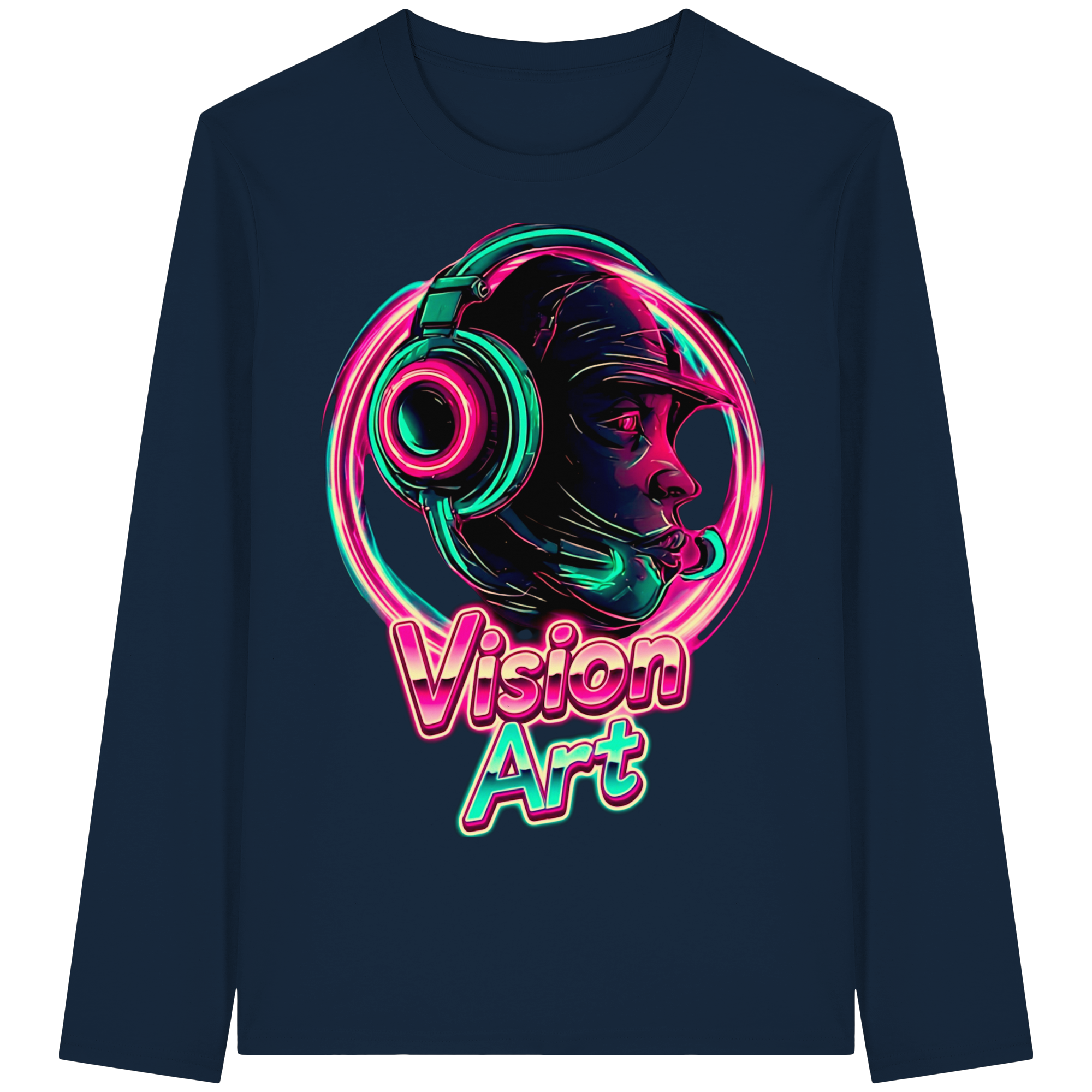 Vision Art Neon Cyberpunk Kopfhörer Sweatshirt – Leuchtendes Pink & Cyan Streetwear | 5 Farben XS-5XL - Bio Langarm-T-Shirt