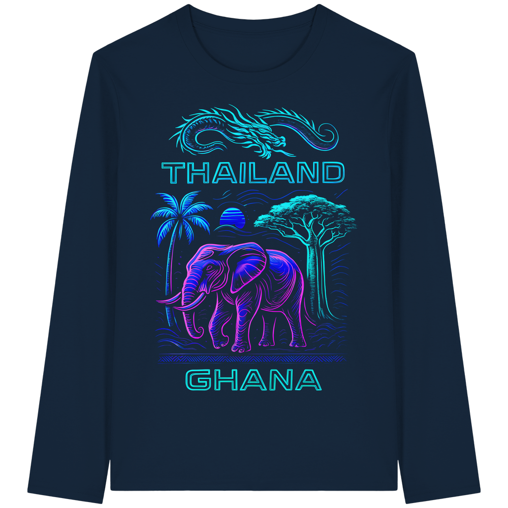 Synthwave Fusion Elefant Drache Sweatshirt - Thailand Ghana Retro Grafik 3 Farben S-5XL - Bio Langarm-T-Shirt