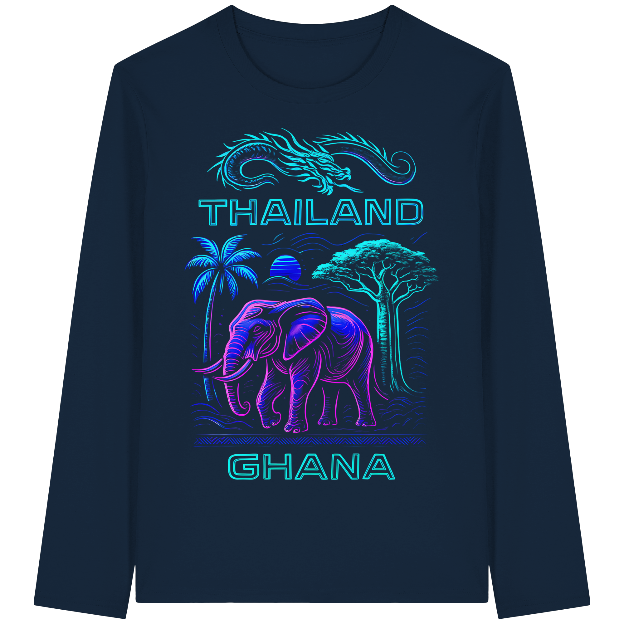 Synthwave Fusion Elefant Drache Sweatshirt - Thailand Ghana Retro Grafik 3 Farben S-5XL - Bio Langarm-T-Shirt