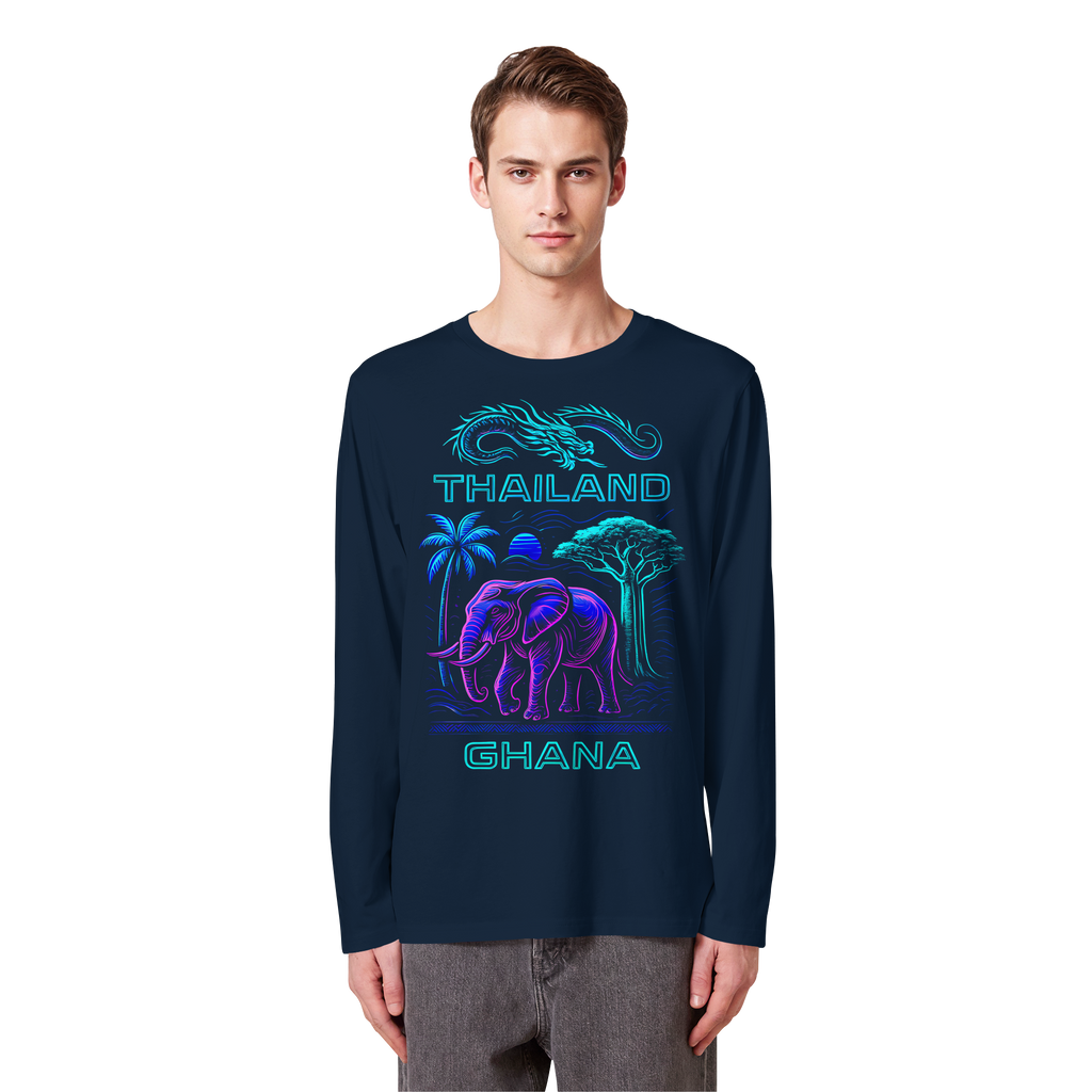 Synthwave Fusion Elefant Drache Sweatshirt - Thailand Ghana Retro Grafik 3 Farben S-5XL - Bio Langarm-T-Shirt
