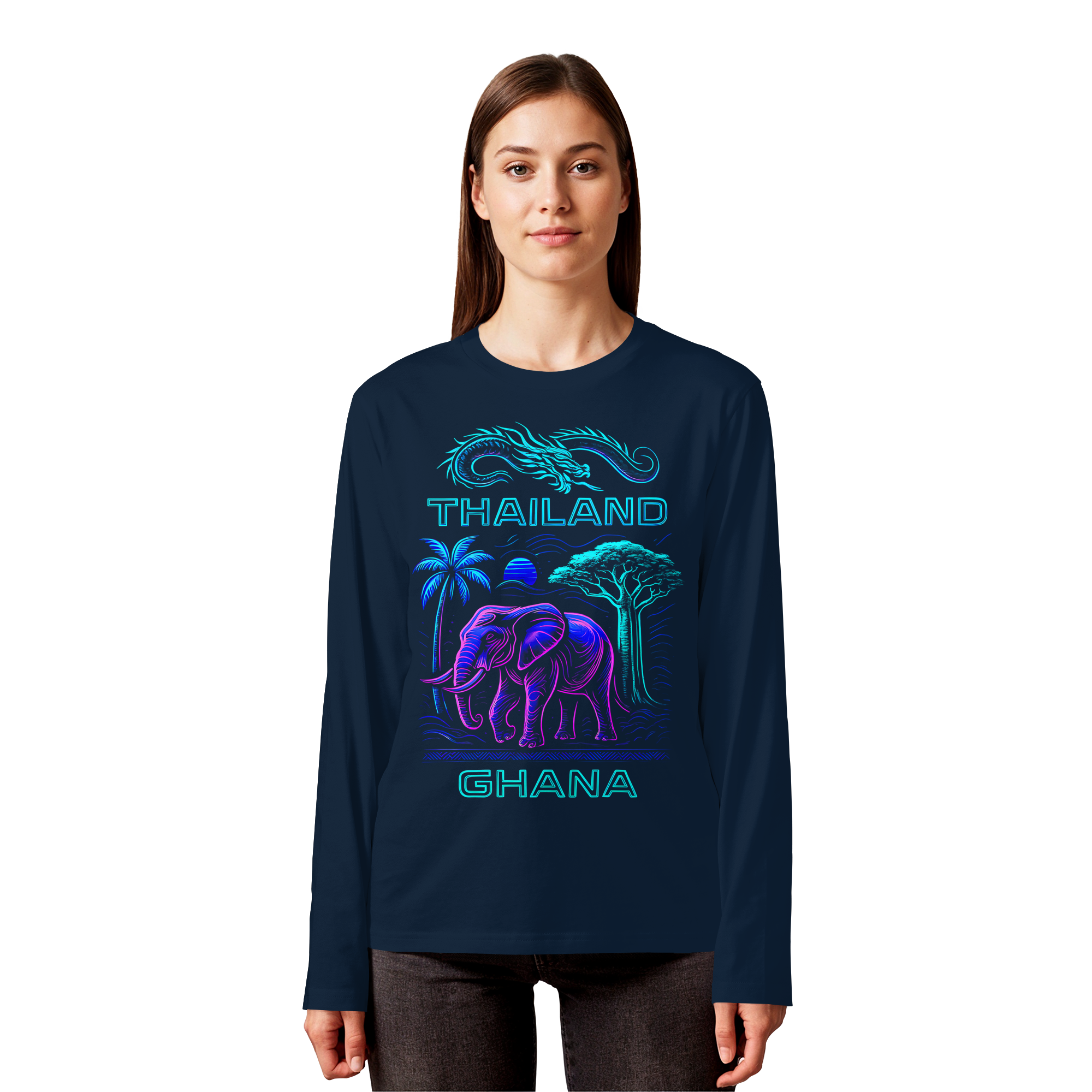 Synthwave Fusion Elefant Drache Sweatshirt - Thailand Ghana Retro Grafik 3 Farben S-5XL - Bio Langarm-T-Shirt