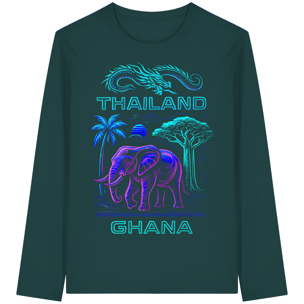 Synthwave Fusion Elefant Drache Sweatshirt - Thailand Ghana Retro Grafik 3 Farben S-5XL - Bio Langarm-T-Shirt