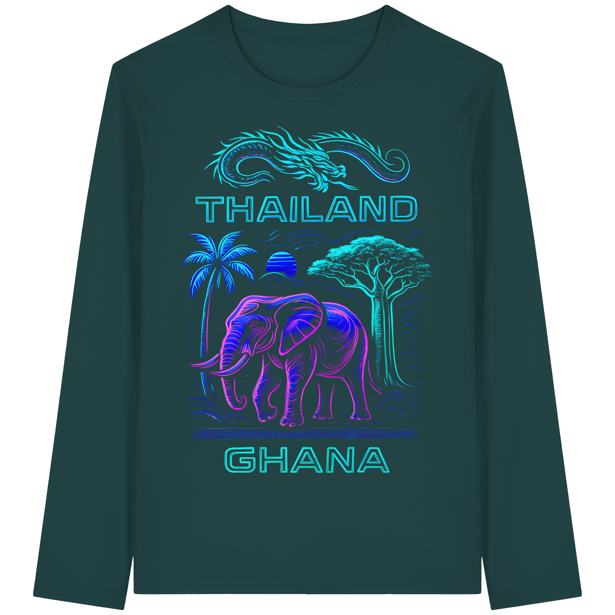 Synthwave Fusion Elefant Drache Sweatshirt - Thailand Ghana Retro Grafik 3 Farben S-5XL - Bio Langarm-T-Shirt