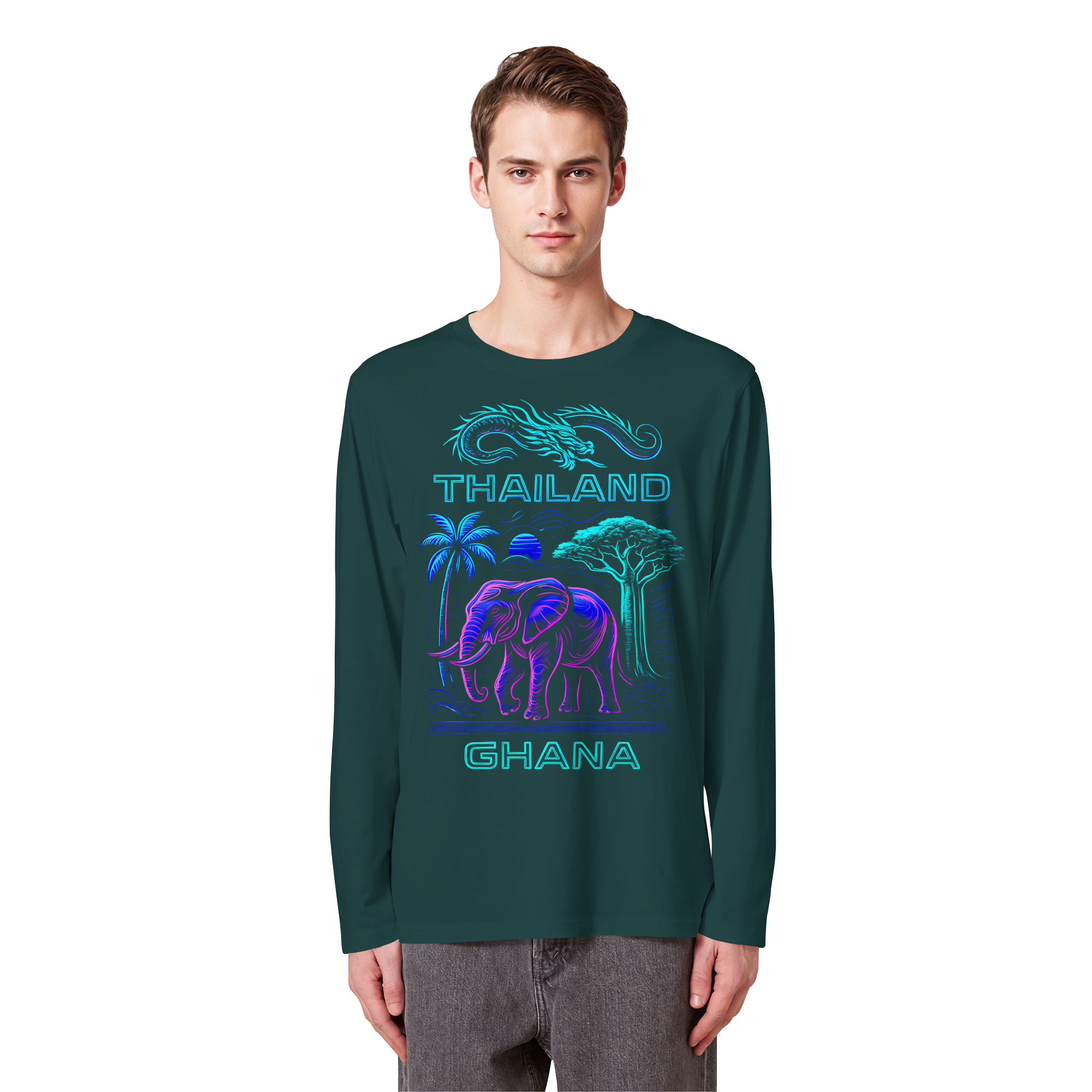 Synthwave Fusion Elefant Drache Sweatshirt - Thailand Ghana Retro Grafik 3 Farben S-5XL - Bio Langarm-T-Shirt