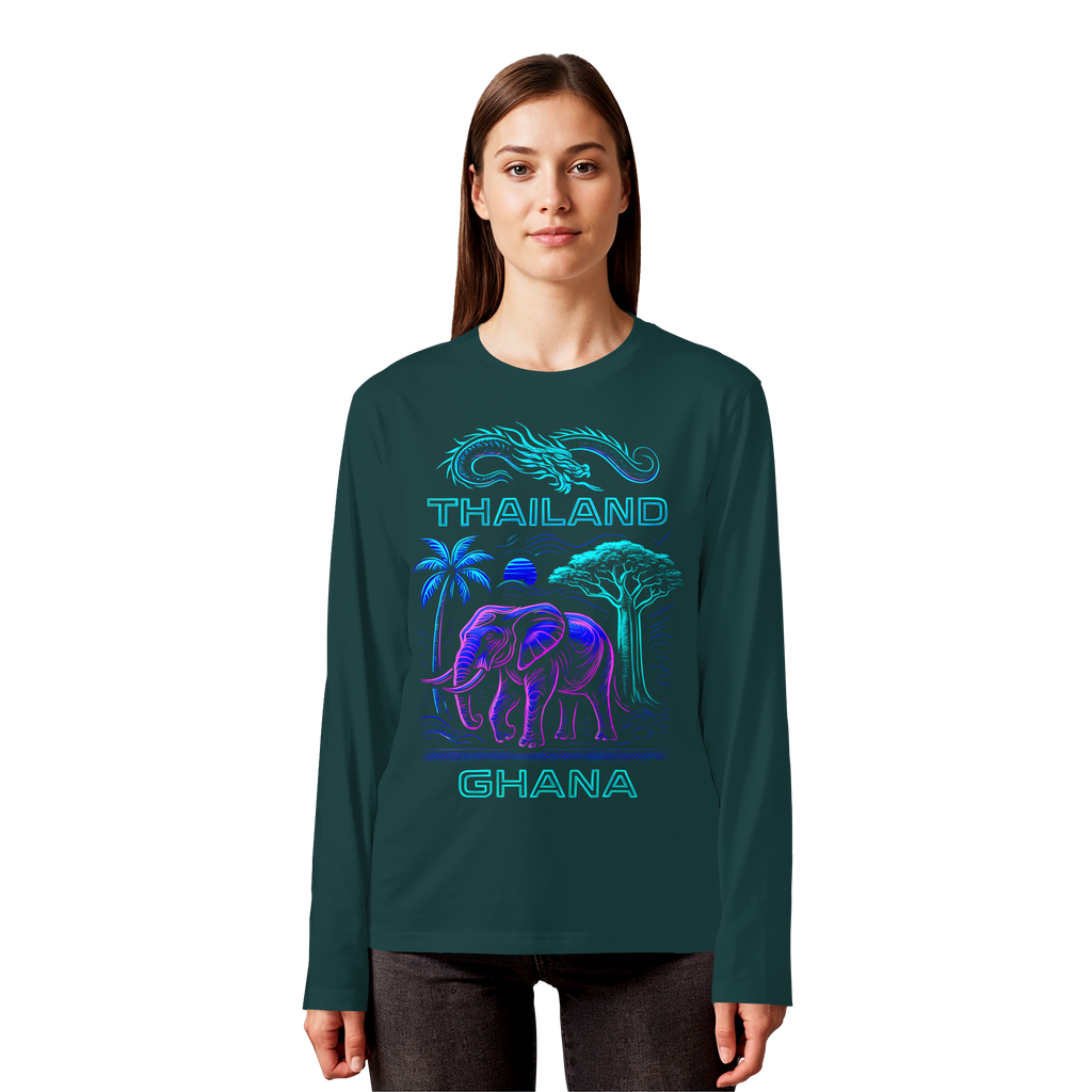 Synthwave Fusion Elefant Drache Sweatshirt - Thailand Ghana Retro Grafik 3 Farben S-5XL - Bio Langarm-T-Shirt