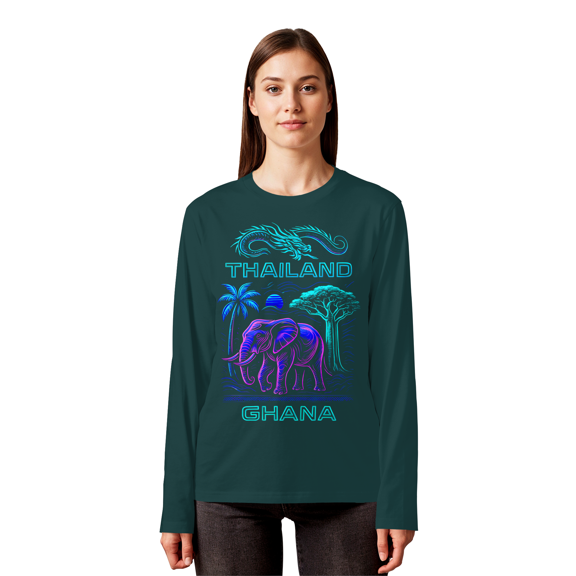 Synthwave Fusion Elefant Drache Sweatshirt - Thailand Ghana Retro Grafik 3 Farben S-5XL - Bio Langarm-T-Shirt