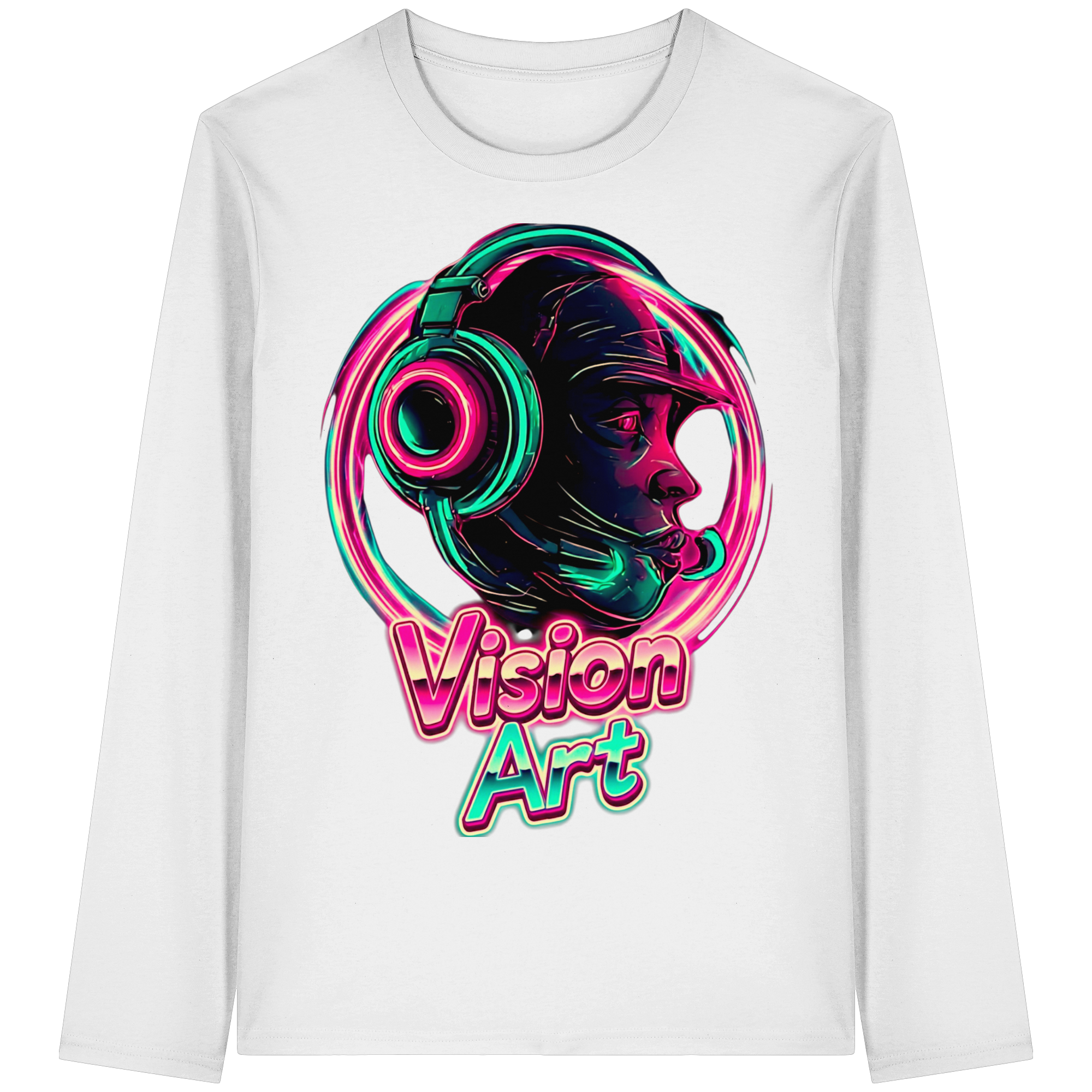 Vision Art Neon Cyberpunk Kopfhörer Sweatshirt – Leuchtendes Pink & Cyan Streetwear | 5 Farben XS-5XL - Bio Langarm-T-Shirt