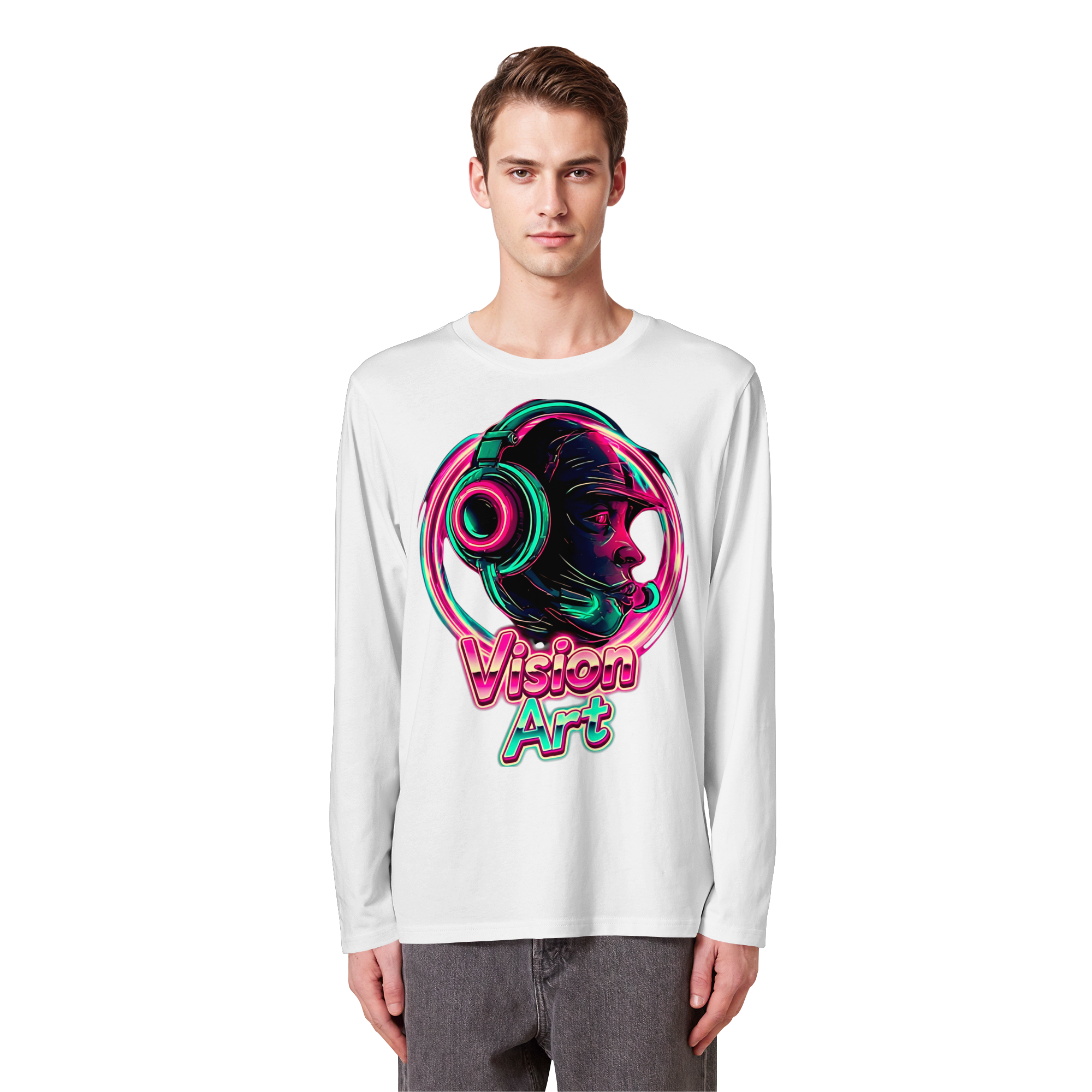 Vision Art Neon Cyberpunk Kopfhörer Sweatshirt – Leuchtendes Pink & Cyan Streetwear | 5 Farben XS-5XL - Bio Langarm-T-Shirt