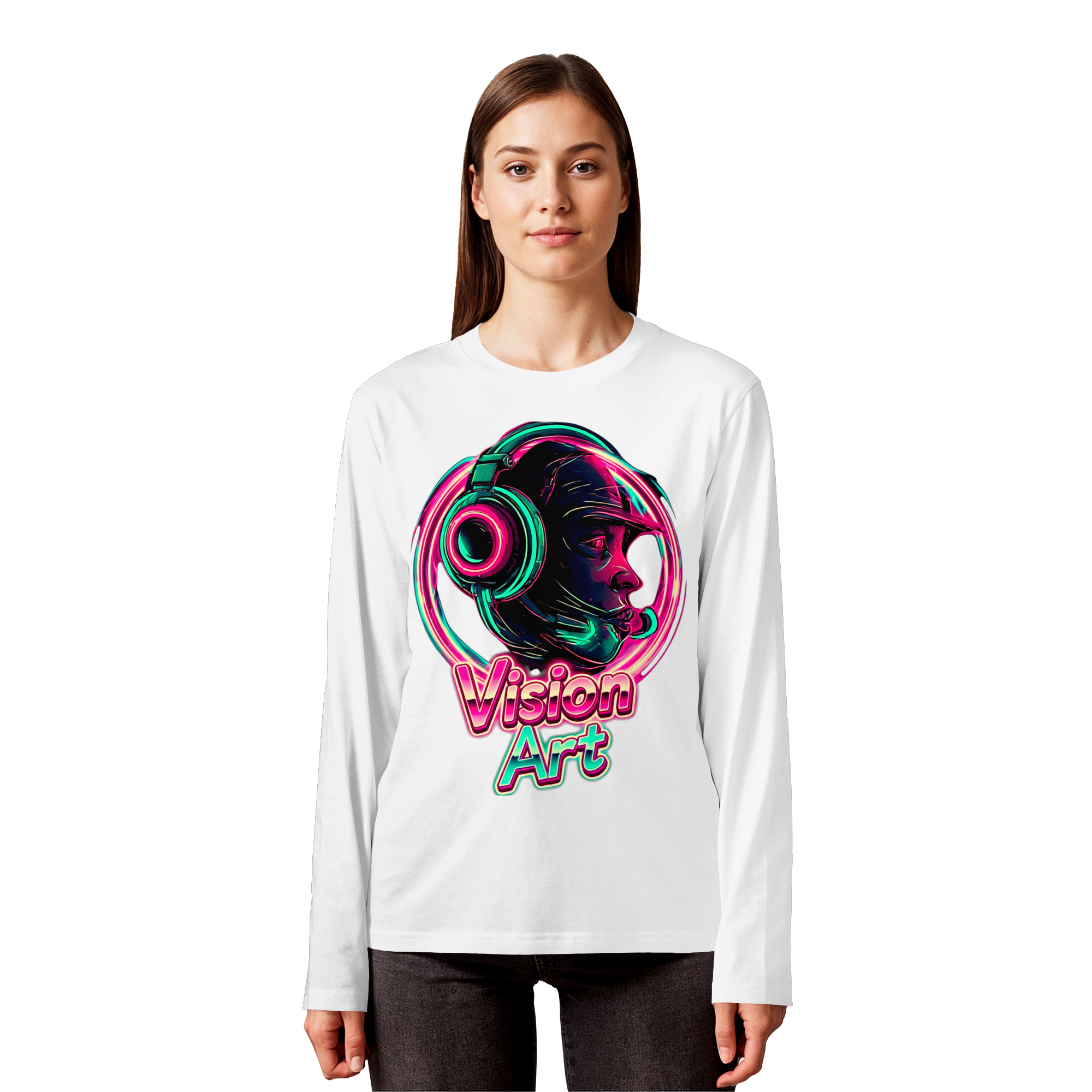 Vision Art Neon Cyberpunk Kopfhörer Sweatshirt – Leuchtendes Pink & Cyan Streetwear | 5 Farben XS-5XL - Bio Langarm-T-Shirt