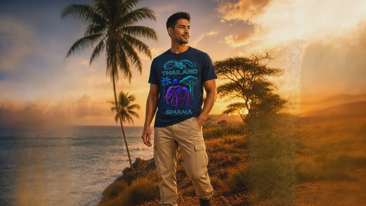 Synthwave Fusion Elefant Drache T-Shirt – Thailand Ghana Retro Grafik Neon 6 Farben S-5XL